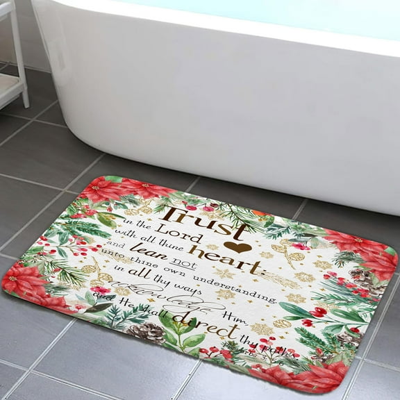Christmas Floral Bible Verse Bath Rugs Non-Slip, Funny White Snowflake Trust in The Lord Flower Plant Leaves Xmas Floor Entryways Indoor Doormat, Carpet for Tub Bathroom Shower Mat, 15.7X23.6in