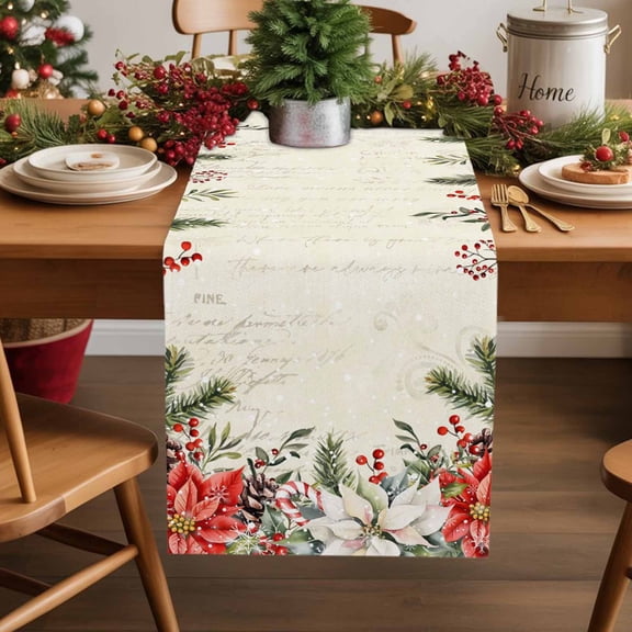 Christmas Floral Cotton Linen Table Runner Red White Flowers Green Leaf Vintage Letter Dining Table Runners for Home Decor Party Dining Room Restaurant Kitchen Party 13" x 48"