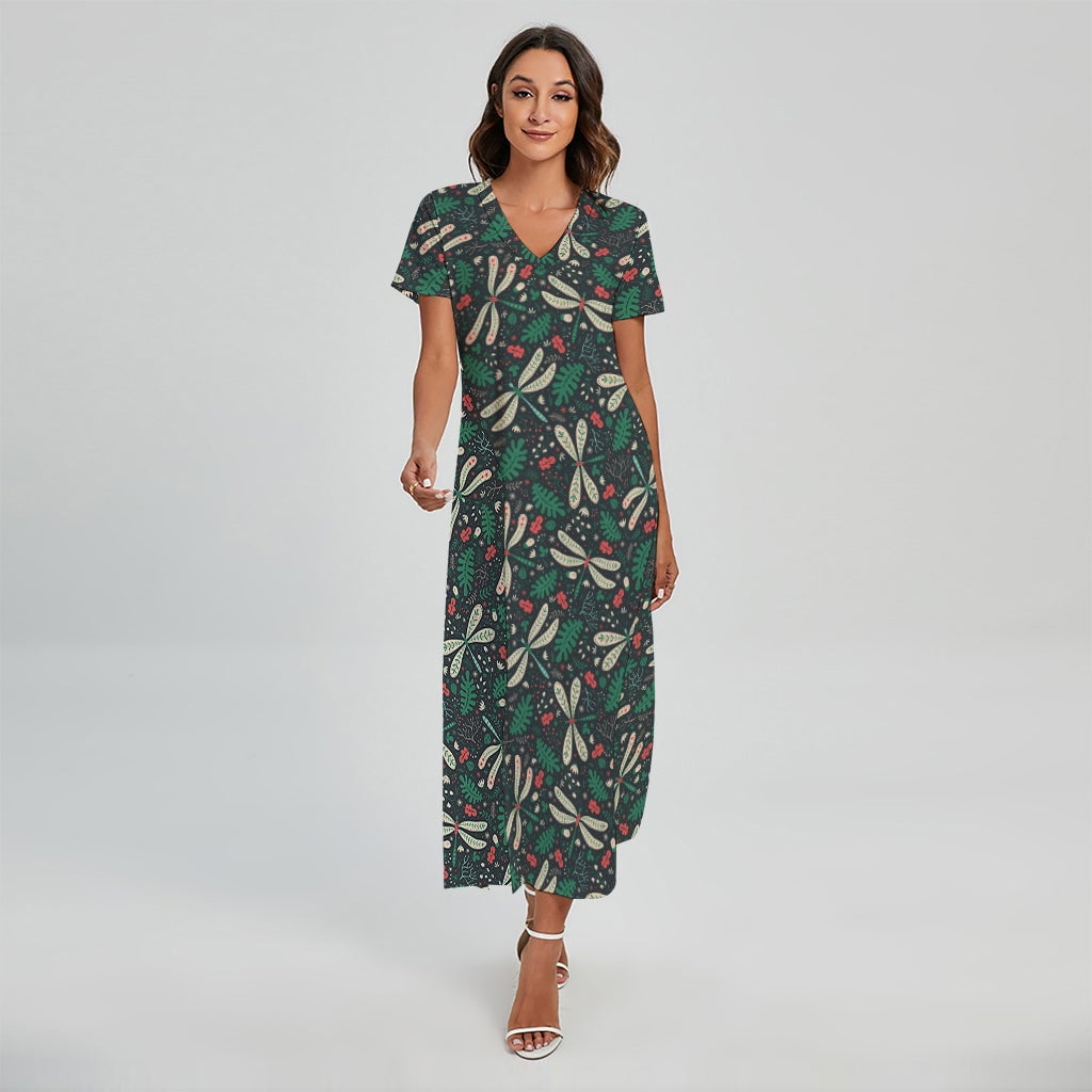 Christmas Floral Dragonfly Pattern Printed Short Sleeve Maxi Dress ...