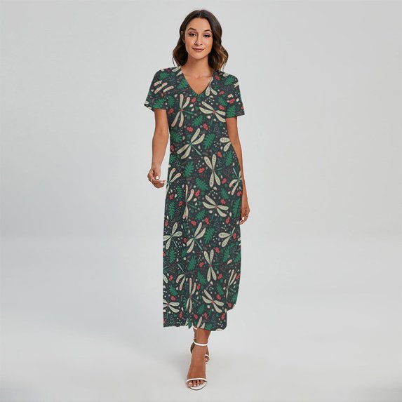 Christmas Floral Dragonfly Pattern Printed Short Sleeve Maxi Dress, Jesus Christian Fashion Summer Maxi Dress For Women