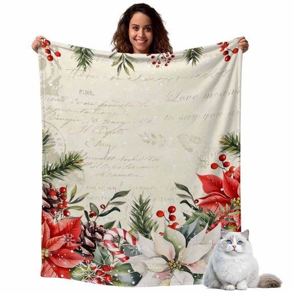 Christmas Floral Flannel Blanket for Bed,Travel and Camping, Red White Flowers Green Leaf Vintage Letter Super Soft Cozy Blanket for All Seasons 50"x80"