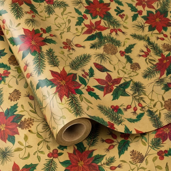 Christmas Floral Gift Wrap Roll, 17.4" x 11' Poinsettia & Pine Kraft Paper, Holiday Wrapping for Women Girls Birthday Wedding Bridal Shower