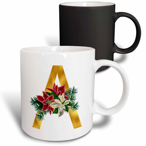 3drose, Christmas Floral Image of Gold Monogram Initial A, 11oz Magic Transforming Mug