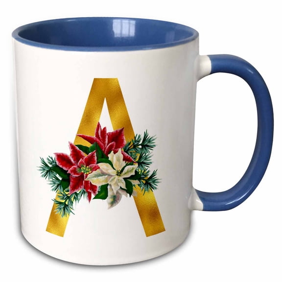 3drose, Christmas Floral Image of Gold Monogram Initial A, 11oz Two-tone Blue Mug
