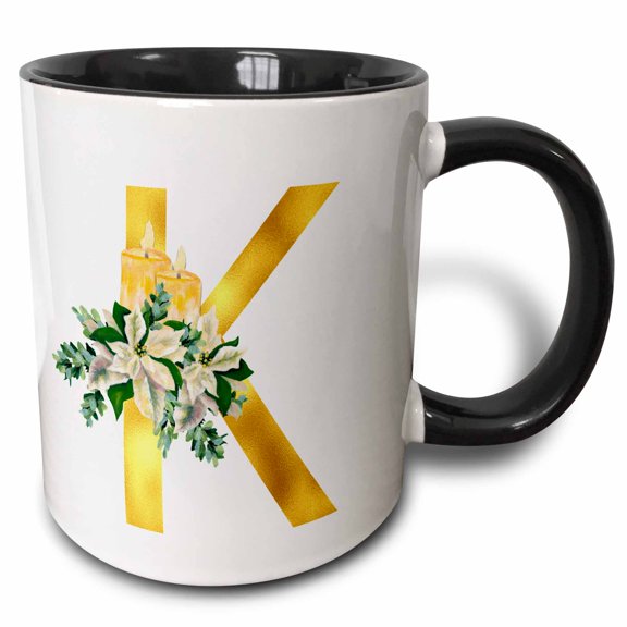 3drose, Christmas Floral Image of Gold Monogram Initial K, 11oz Two-tone Black Mug