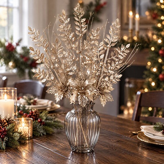 Christmas Floral Pick, Artificial Glitter Foliage Stem, Build Layered Holiday Tree Arrangements or Decorate a Vase and Wreath, Branching Plastic Leaves with Decorative Seasonal Accents