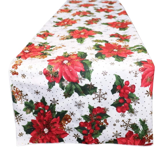 Christmas Floral Poinsettia and Holly Mistletoe Polyester Cotton Decorative Table Runner
