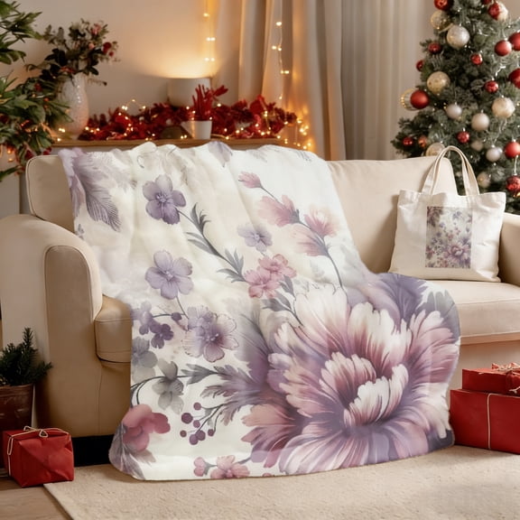 Christmas Floral Set: 30"x40" Blanket + 15.75"x13.78" Tote Flannel Throw Blanket for Adults, Soft Warm Cozy Air-Conditioned Room Nap Blanket for Couch, Sofa, Office, Mother's Day Gifts