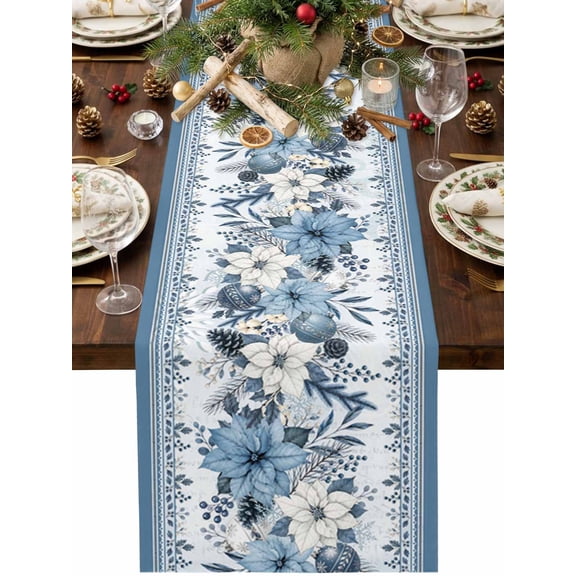 Christmas Floral Table Runner 48 Inches Long, Winter Blue White Flowers Pine Cone Berry Striped Cotton Linen Dining Table Runner Dresser Scarves for Home Kitchen Party Decor 13"x48"