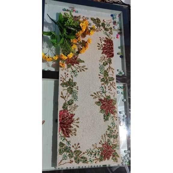 Christmas Floral Table Runner, Handmade Beaded Table Runner, Designer Table Topper 13X36 inch