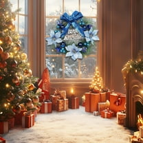 Christmas Floral Wreath Door Hanging Wall Decor with Bow Decoration for Indoor Outdoor Holiday Home Decor(Blue)