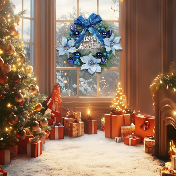 Christmas Floral Wreath Door Hanging Wall Decor with Bow Decoration for Indoor Outdoor Holiday Home Decor(Blue)
