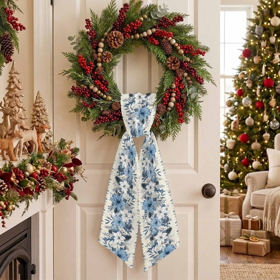 Christmas Floral Wreath Sash for Front Door, Winter Blue White Flowers Pine Cone Berry Leaf Sash for Wreath, Home Decor Wall Window Porch Decoration Indoor Outdoor 4.5'' x 56''