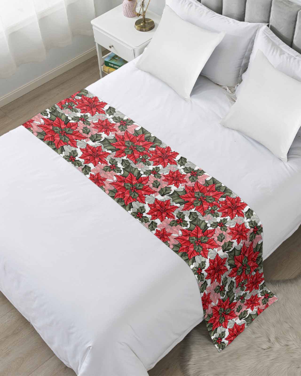 Christmas Flower Bed Runner for Cal. King Size Bed, Red Green