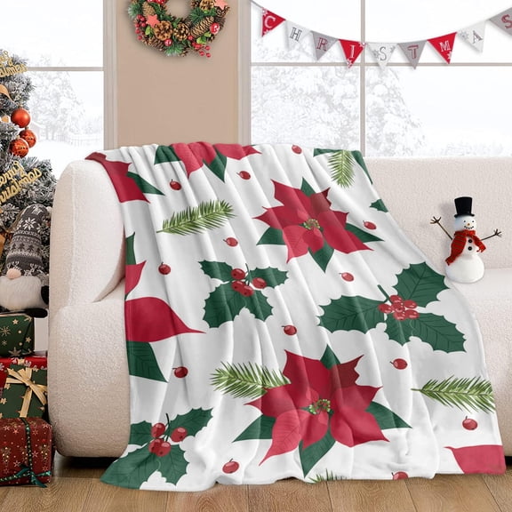 Christmas Flower Blankets 40"x60" Fleece Blanket Winter Poinsettia Floral Soft Plush Flannel Blankets Farm Berry Holly Leaf Holiday Lightweight Fuzzy Bed Throws for Couch/Sofa/Chair