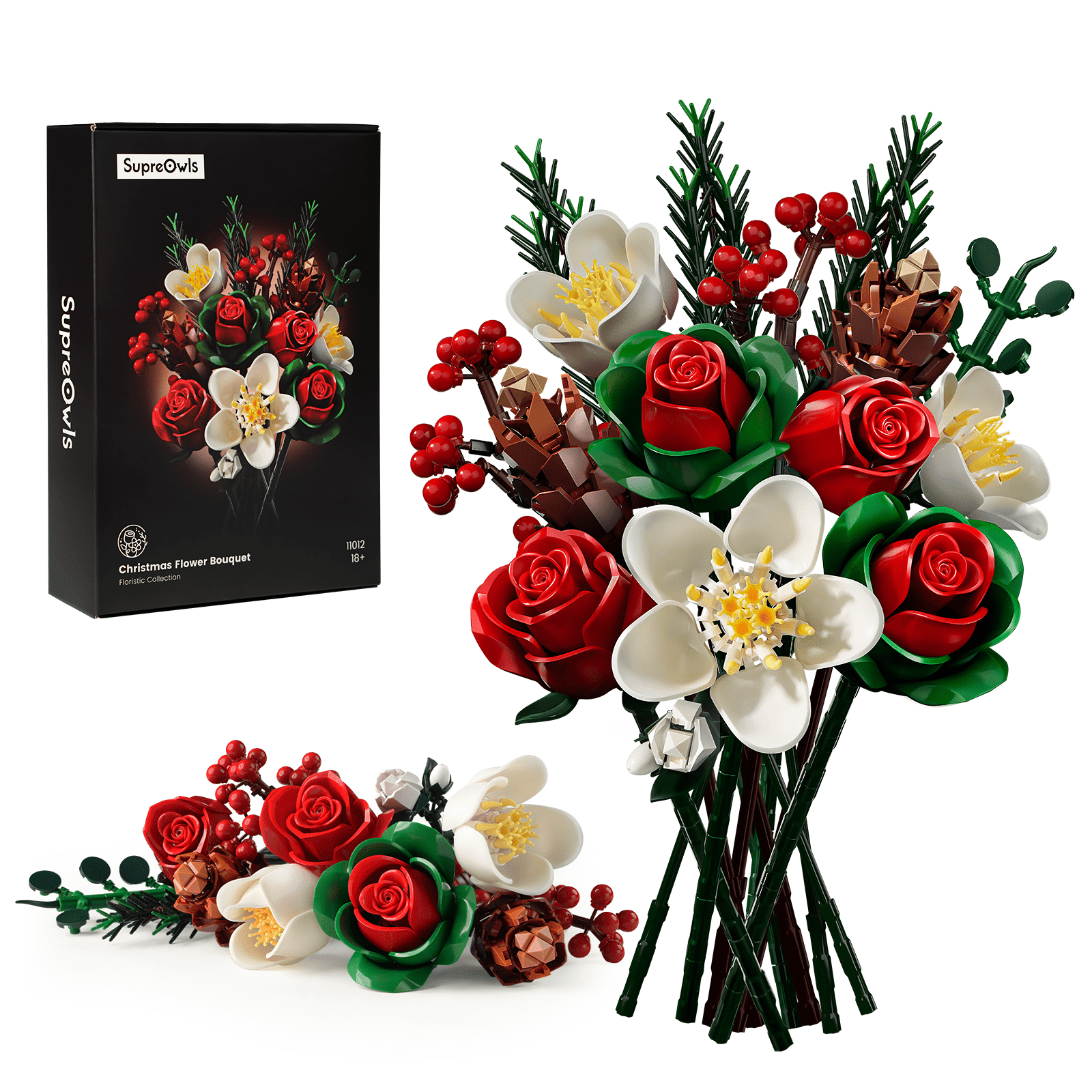 Christmas Rose Bouquet Building Set, Artificial Flowers Botanical Collection Home Decor Flowers for Adults - Gift for Christmas & Valentines Day