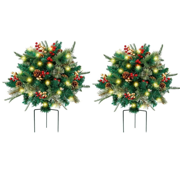 Christmas Flower for Outdoor Planter, Pre-lit Christmas Tree Planter Fillers, 2 Pcs Faux Pine Evergreen Tree, Pathway Light Up Tree, Porch Yard Planter Bushes-Lighted Xmas Tree with Pinecone Redberry
