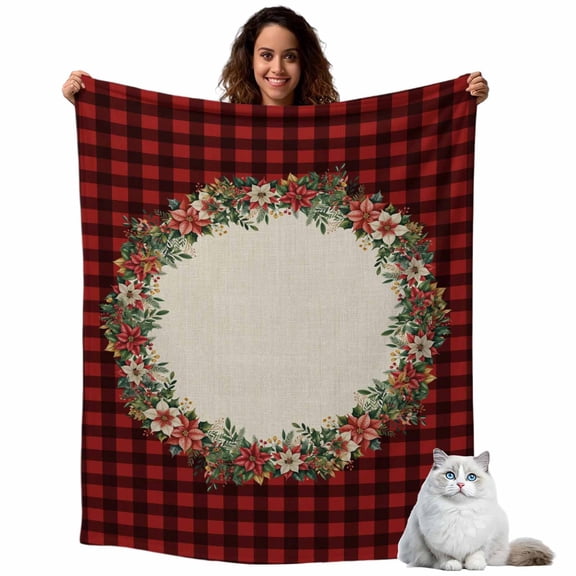 Christmas Flower Ring Fleece Throw Blanket Lightweight Red Black Plaid Green Leaf Winter Fuzzy Flannel Throws Super Soft Cozy Flannel Blanket for Couch, Sofa, Bed, Travel 50"x80"