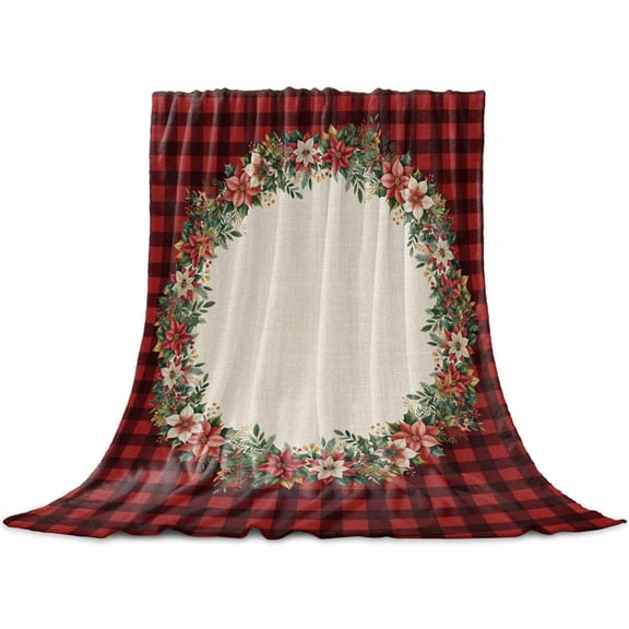 Christmas Flower Ring Throw Flannel Blanket 32x48In Red Black Plaid Green Leaf Winter Super Soft Cozy Bed Blanket, Lightweight Plush Fuzzy Bed Throw for Bedroom Sofa Couch Living Room
