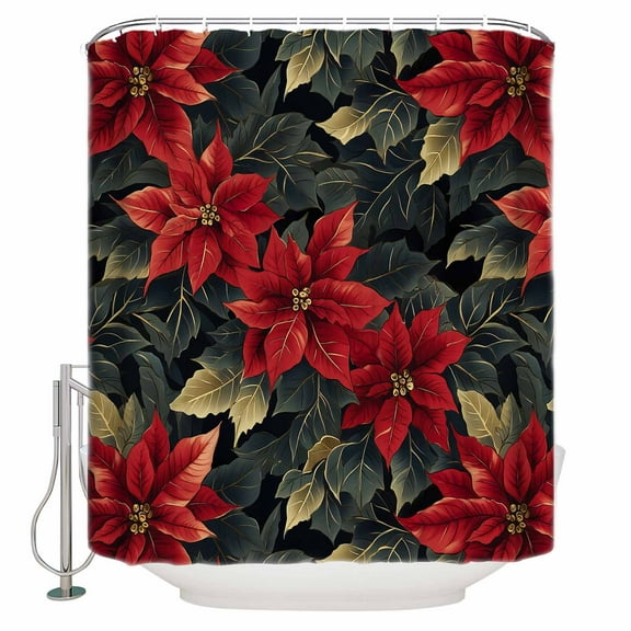 Christmas Flower Shower Curtain, 36" x 72", Poinsettia Leaf Red Floral Waterproof Bathroom Curtain Washable Shower Curtain Set with 12 Hooks