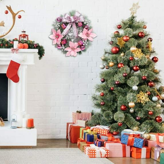 Christmas Flower Wreath for Door Hanging 12 Inch Artificial Rattan Wreath with Red Berries Pine Cones and Bow for Indoor Outdoor Holiday Decor