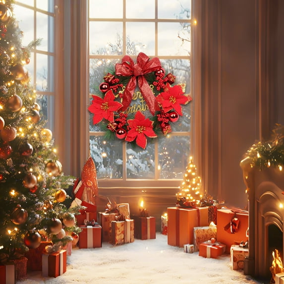 Christmas Flower Wreath for Door Hanging 12 Inch Artificial Rattan Wreath with Red Berries Pine Cones and Bow for Indoor Outdoor Holiday Decor
