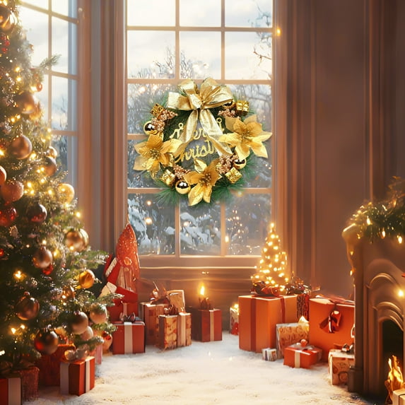 Christmas Flower Wreath for Door Hanging 12 Inch Artificial Rattan Wreath with Red Berries Pine Cones and Bow for Indoor Outdoor Holiday Decor