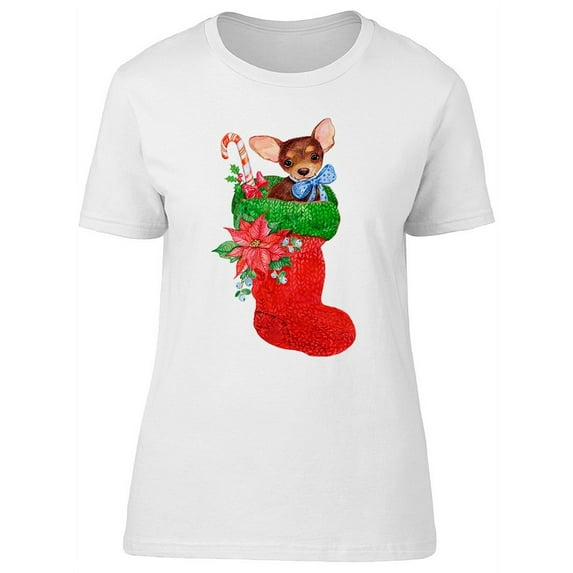 Christmas Flowers And Cute Puppy T-Shirt Women -Image by Shutterstock, Female Large