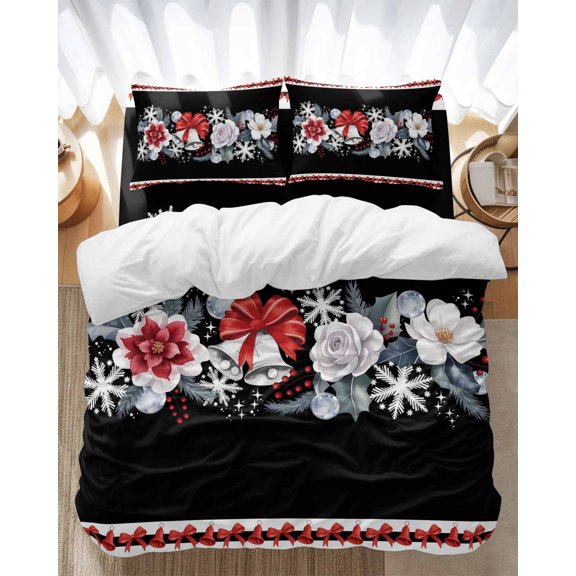 Christmas Flowers Bedding Duvet Cover Set Full Size 4 Pieces Winter Snowflakes Bell Bow Black Bedding Set with Zipper Closure, 1 Comforter Cover 86x86 Inches 1 Flat Sheet & 2 Pillow Cases