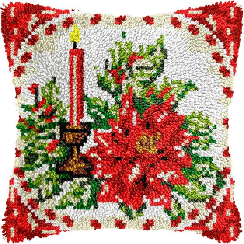 Christmas Flowers Candle Latch Hook Pillow Kits Cushion Pillowcase with Pattern Printed Canvas Sofa Hooking Pillows Crafts Embroidery Latch Hooking Crochet Kits 17x17 inch(141)