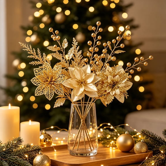 Christmas Flowers,Christmas Glitter Poinsettia Flowers Artificial Berry Picks Set,DIY Craft Glitter Faux Poinsettia Kit,Lifelike Shimmer Christmas Flower Bloom Pack,Sequins Fake Poinsettia Bundle