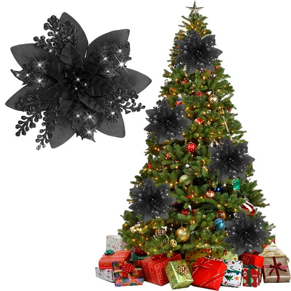 Christmas Flowers Decoration -1Pcs Artificial Red Gold Poinsettia Christmas Tree Ornaments Glittery for Xmas New Year Wedding Party Wreath DIY Garland Decor(Black)
