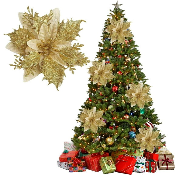 Christmas Flowers Decoration -1Pcs Artificial Red Gold Poinsettia Christmas Tree Ornaments Glittery for Xmas New Year Wedding Party Wreath DIY Garland Decor(Gold)