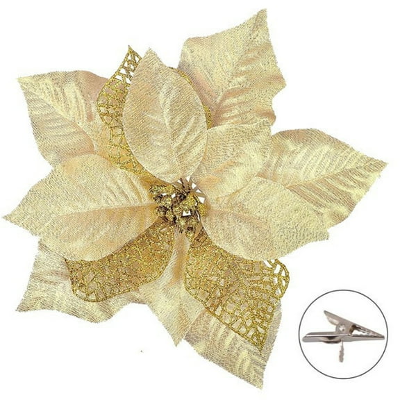 Christmas Flowers Decoration Artificial Red Golden Leaves Poinsettia Christmas Tree Ornaments Glittery for Xmas New Year Wedding Party Wreath DIY Garland Decor 7.8 Inch