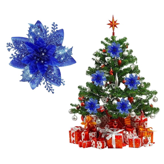 Christmas Flowers, Glitter Flowers, Christmas Tree Decorations, Artificial Poinsettia, Holiday Ornaments, Blue Artificial Glitter Christmas Flower Pick, Sparkling Floral Ornament for Xmas Tree