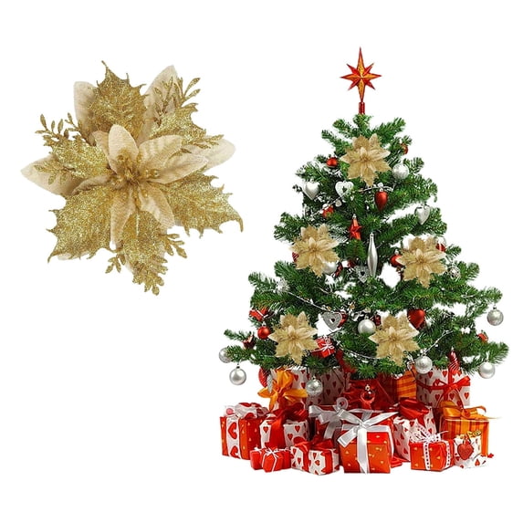 Christmas Flowers, Glitter Flowers, Christmas Tree Decorations, Artificial Poinsettia, Holiday Ornaments, Gold Artificial Glitter Christmas Flower Pick, Sparkling Floral Ornament for Xmas Tree