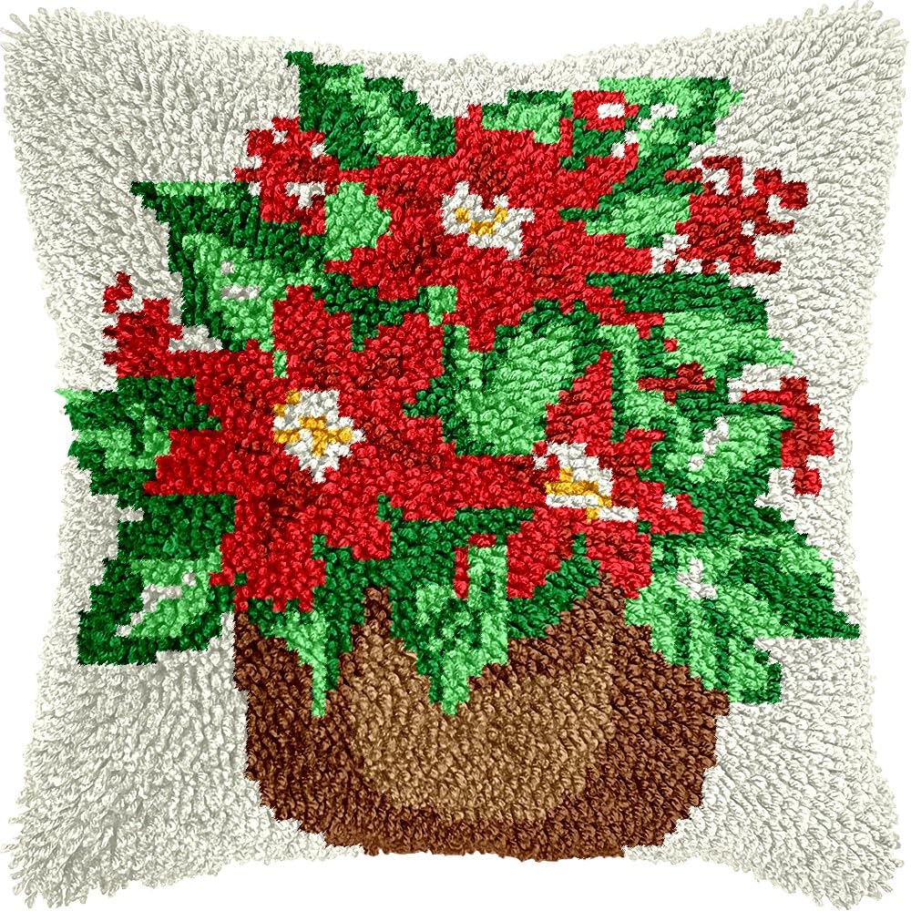 Christmas Flowers Latch Hook Pillow Kits for DIY Throw Pillow Cushion Embroidery Latch Hooking Pillowcase Kits with Preprinted Canvas Crochet Yarn Kits for Home Decor 17''X 17''(d1)