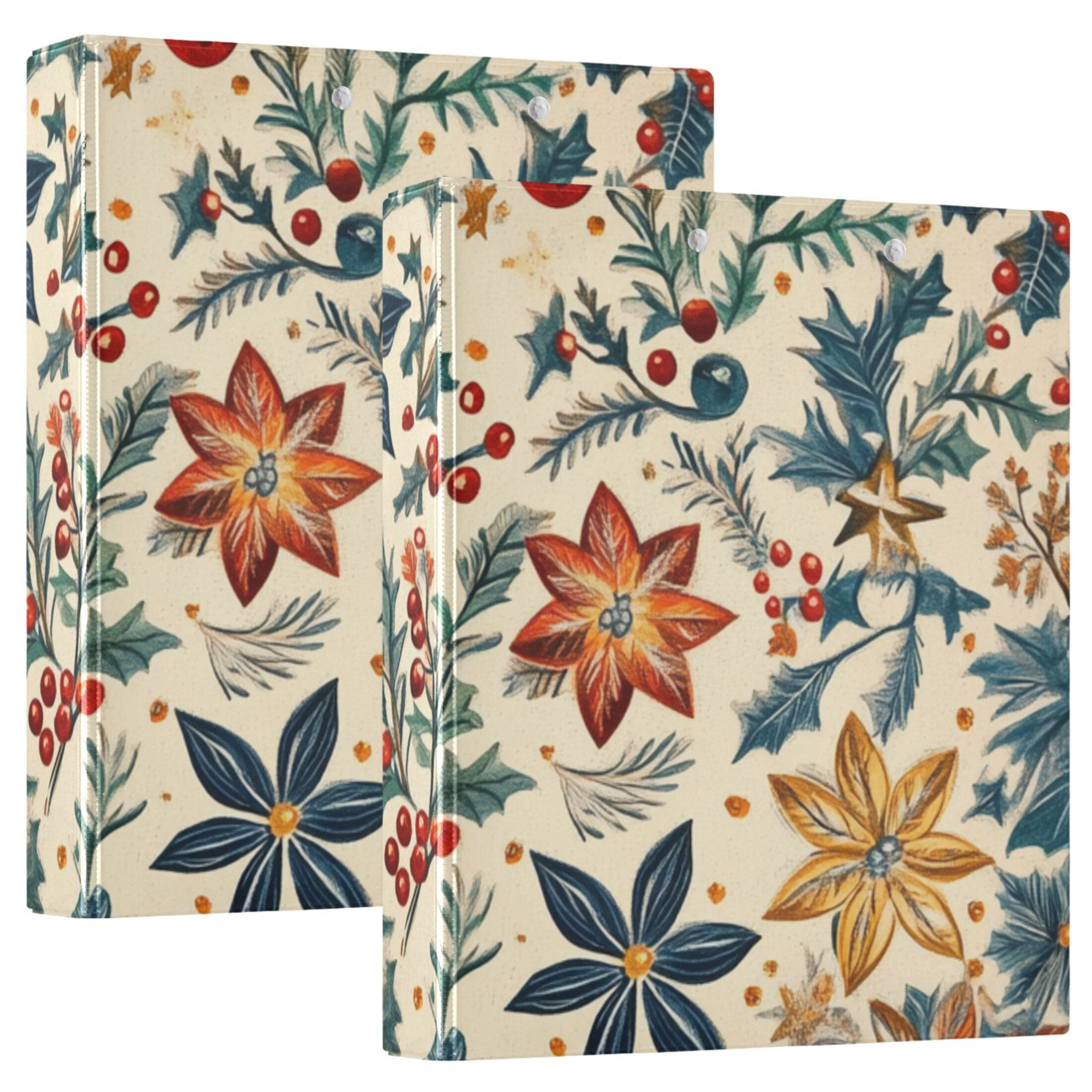 Christmas Flowers Leaves 3 Ring Binders 1.5 inch Hardcover File Folders with Interior Pockets A4 Size Organizer for School Office Hospital