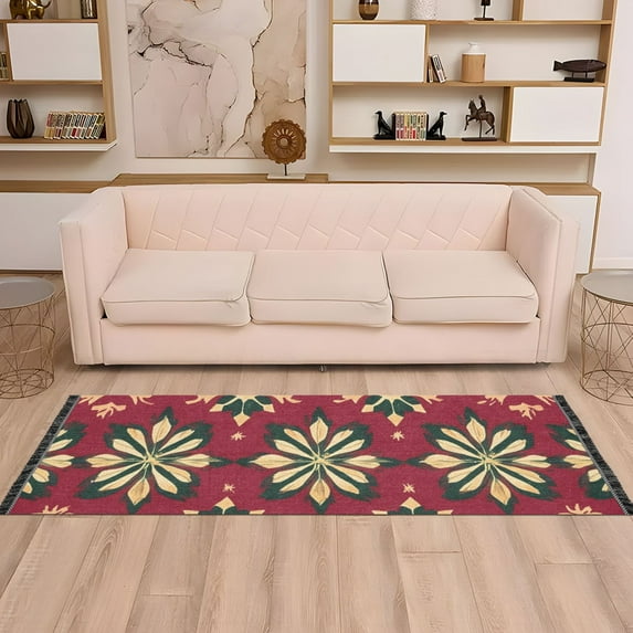 Christmas Flowers Red Runner Rug Non-Slip Area Rugs Linen Washable Non Shedding for Kitchen Bedroom Carpet