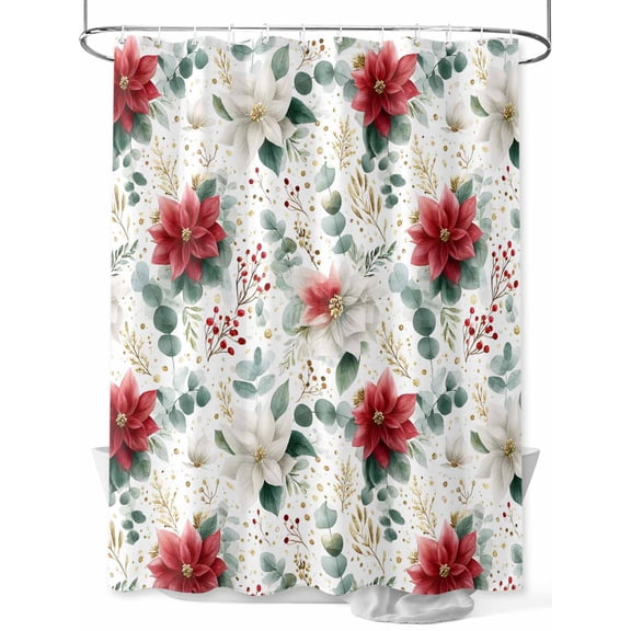 Christmas Flowers Shower Curtain Set ，Waterproof Fabric Shower Curtains Red White Poinsettia Green Leaves Winter Shower Curtains for Bathroom,Bathroom Decor 72"x78"