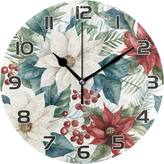 Christmas Flowers Wall Clock Round Vintage Silent Non Ticking Battery Operated Accurate Arabic Numerals Design for Home Kitchen Living Room Bedroom Inch