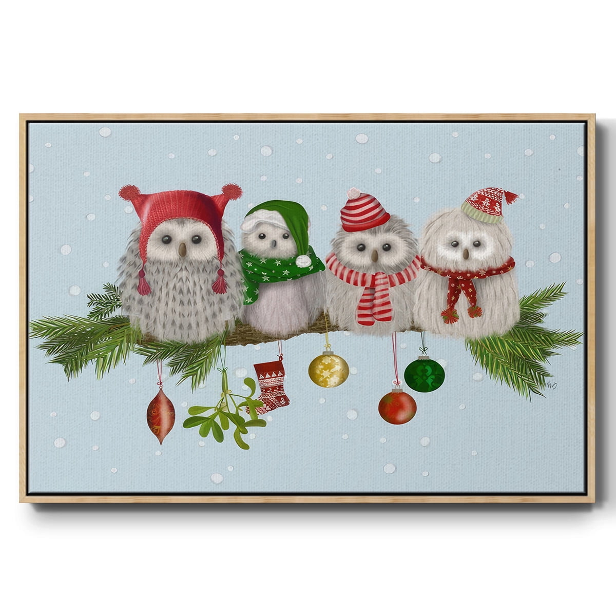 Christmas Fluffy Christmas Owls on Branch - Framed Gallery Wrapped Holiday Canvas - 17 x 25 - Natural Wood Frame