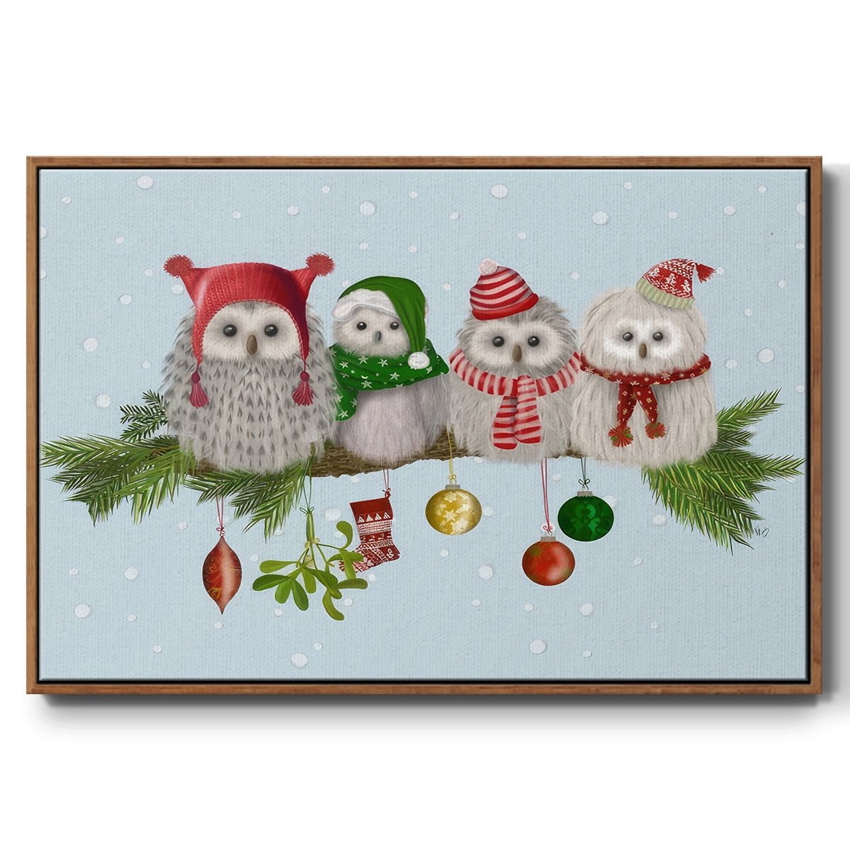 Christmas Fluffy Christmas Owls on Branch - Framed Gallery Wrapped Holiday Canvas - 17 x 25 - Rosewood Frame