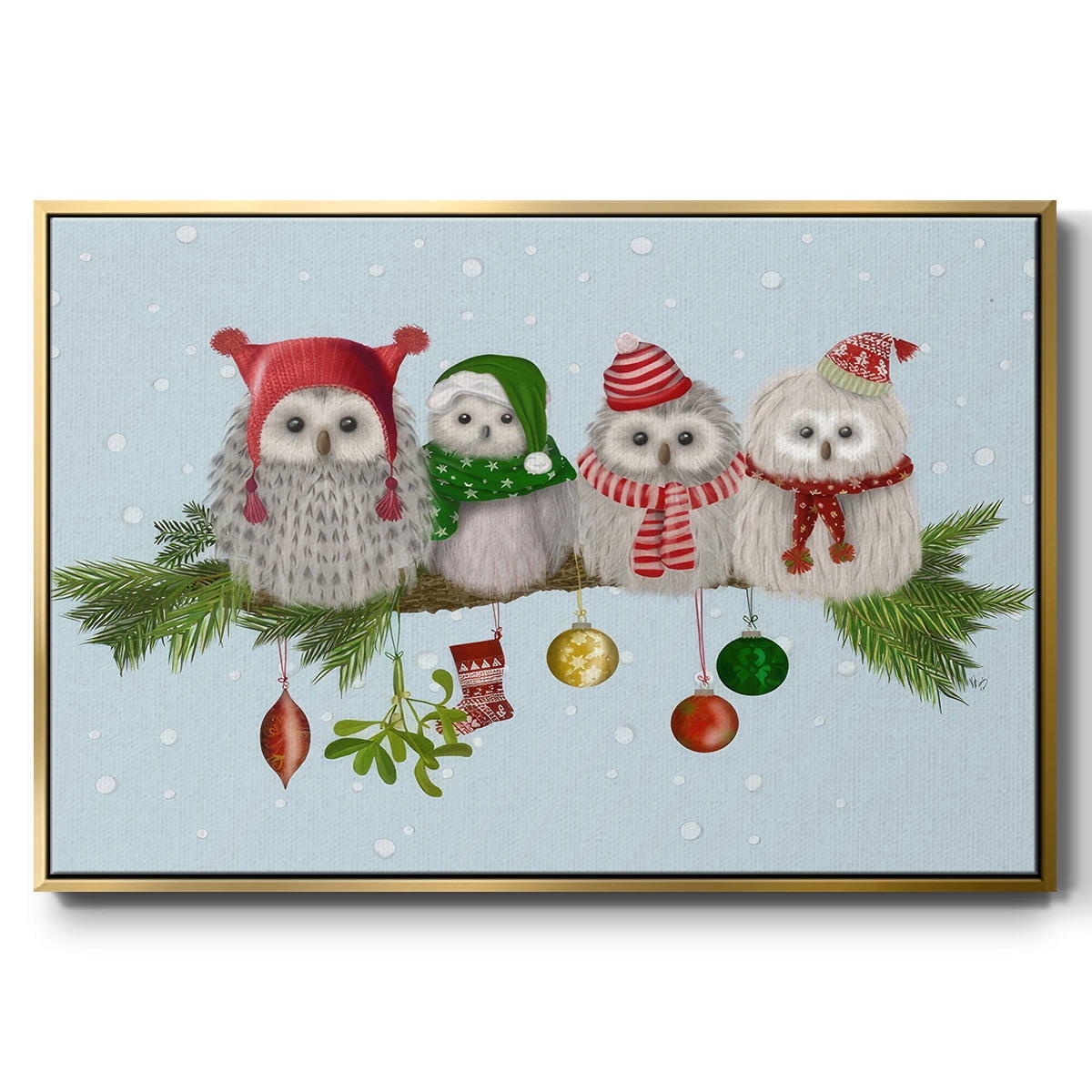 Christmas Fluffy Christmas Owls on Branch - Framed Gallery Wrapped Holiday Canvas - 27 x 41 - Gold Frame