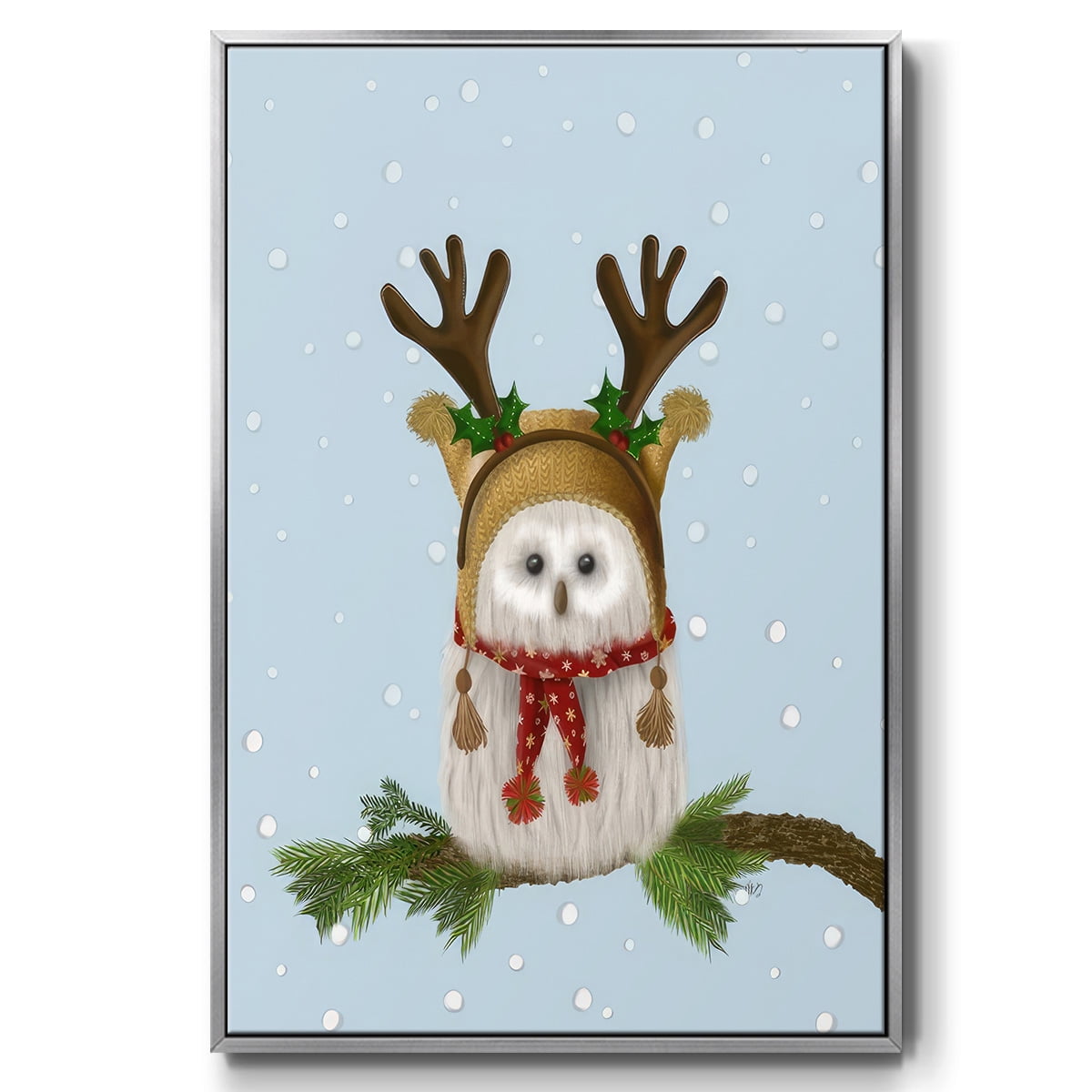 Christmas Fluffy Owl and Antlers - Framed Gallery Wrapped Holiday Canvas - 25 x 37 - Silver Frame