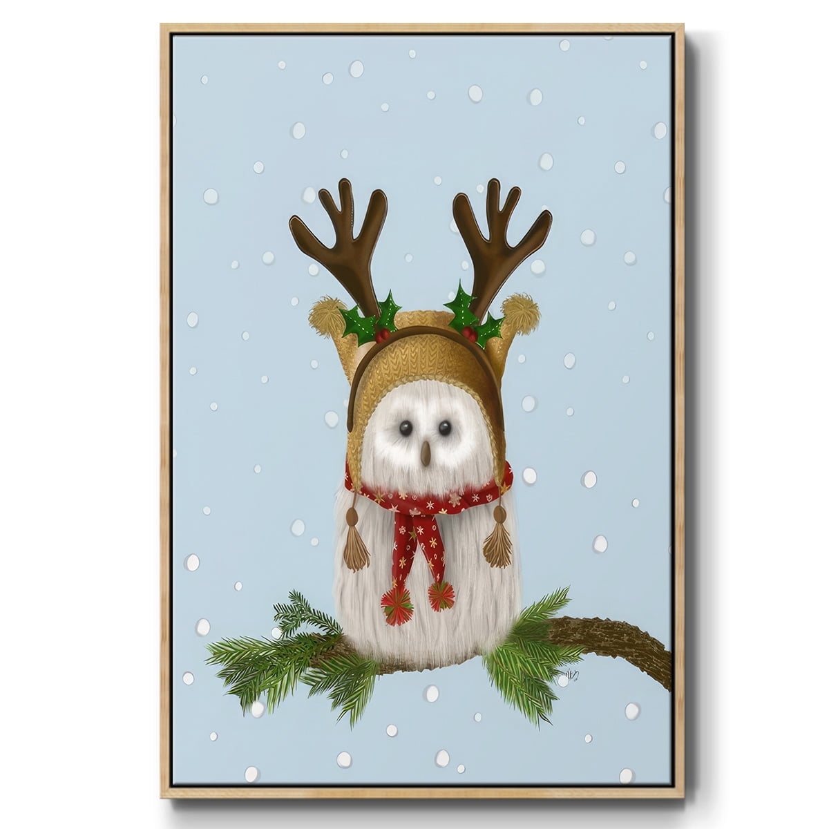Christmas Fluffy Owl and Antlers - Framed Gallery Wrapped Holiday Canvas - 27 x 41 - Natural Wood Frame