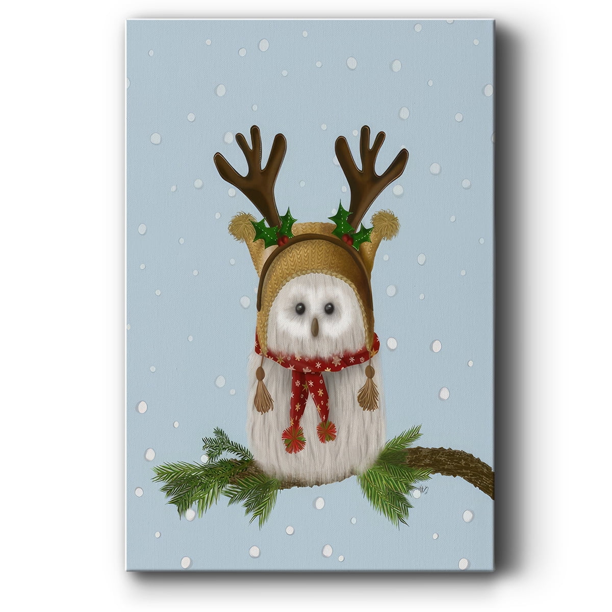 Christmas Fluffy Owl and Antlers- Gallery Wrapped Canvas