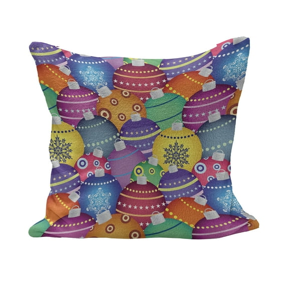 Christmas Fluffy Throw Pillow Cushion Cover, Colorful Christmas Balls Different Retro Patterns Holiday Celebration Theme Print, Decorative Square Pillow Case, 18" x 18", Multicolor, by Ambesonne