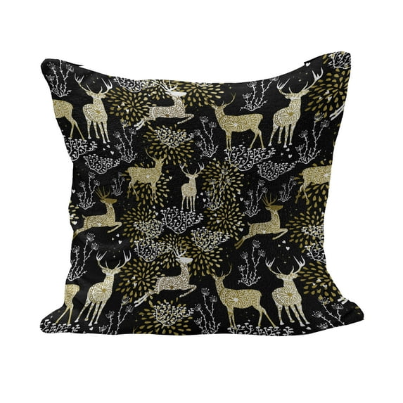 Christmas Fluffy Throw Pillow Cushion Cover, Nature Woodland and Deer Silhouettes with Oriental Ornaments Design, Decorative Square Accent Pillow Case, 24" x 24", Yellow White Black, by Ambesonne
