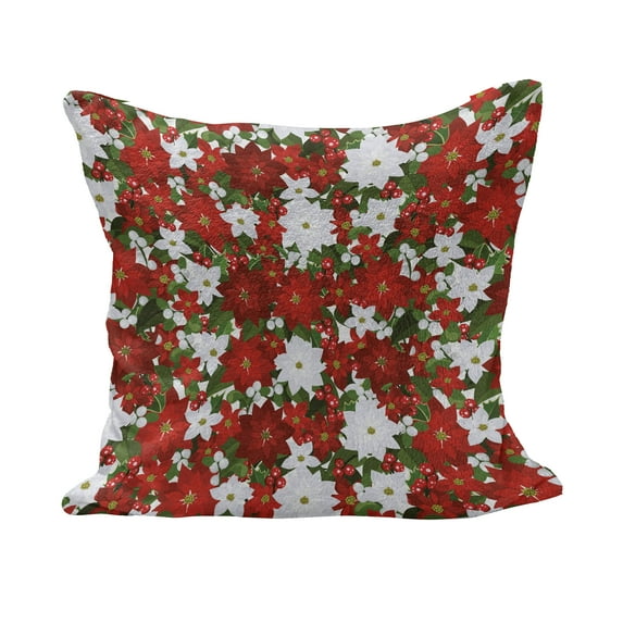 Christmas Fluffy Throw Pillow Cushion Cover, Poinsettia Flower Holly and Mistletoe in Natural Traditional Combination, Decorative Square Accent Pillow Case, 40" x 40", White Red Green, by Ambesonne